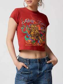 Women's Summer Slim Crop Tops Letter Tiger Pirnt Short Sleeve Round Neck Show Navel Baby Tee Streetwear - 紅色 - 查看 3
