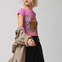 Women's Summer Slim Crop Tops Letter Tiger Pirnt Short Sleeve Round Neck Show Navel Baby Tee Streetwear - Hồng - Xem 4