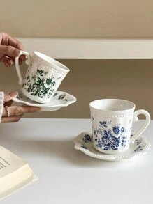 1 件八角形浮雕小碎花碟子和杯子套装，复古小碎花陶瓷杯和盘子，可爱的兔子杯和碟子，优雅的复古装饰，适合家庭、餐厅、咖啡厅、生日、节日礼物 - 彩色 - 查看 9