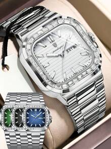 POEDAGAR 1块不锈钢方形表盘日期石英表，休闲防水夜光男士手表，时尚腕表，适合日常佩戴，男士礼物 - 均碼 - 查看 11