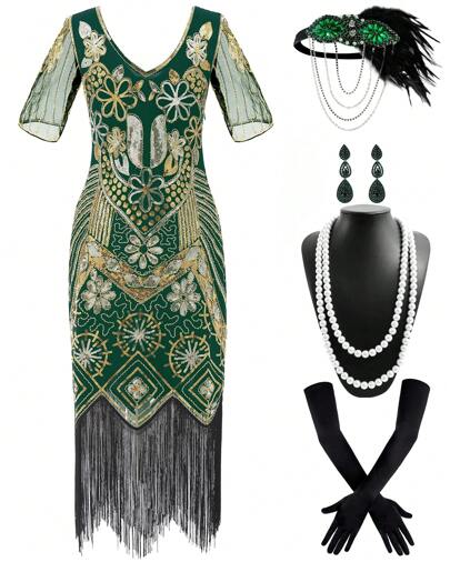 Vestido estilo flapper para mujer, estilo años 20, vintage, con flecos, lentejuelas y encaje, vestido de cóctel, vestido de gran Gatsby para mujer con accesorios de los locos años 20, conjunto para fiesta de disfraces de Halloween