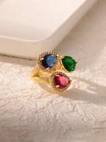 1pc Vintage Gemstone Three Water Droplets Ring, 18K Gold-Plated Cubic Zirconia Open Rings For Women, Wedding Party Vacation Jewelry Luxury Accessories Gifts For Valentine's Day, Mother's Day