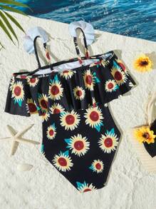 Tween Girl Off Shoulder Sunflower Print One-Piece Swimsuit - Black - View 5