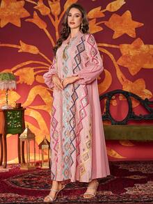 Women's V-Neck Elegant Floral Embroidered Pearls Beaded Design Lantern Sleeve Dress, Arabic Style, Modest - Pink - View 6