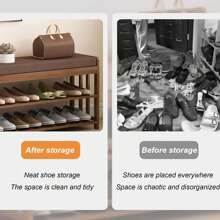 Shoe Storage Bench With Cushion, Solid Wood Entryway Storage Bench, 2 Tier Shoe Bench Entryway Bench With Storage, Shoe Rack For Entryway Hallway Living Room Bedroom - 棕色 - 查看 5