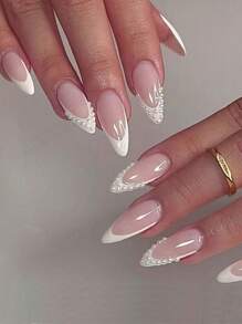 24pcs Instantly Upgrade Your Look With Long Almond Fake Nails,French White Edge Design Fake Nails,White Pearls Covered The Nails Glitter,1pc Nail File & 1Nail Glue Sticker Kit Nails For Girl Mother Women Gift ,Whitening Nail Art Set With Detachable Fake Nails For Festival, Party, Date And Daily Wear Press On Nails