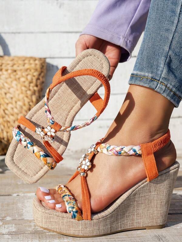2025 New Plus Size Square Toe Straw Woven Rope Flower Tie Slip-On Wedge High Heel Sandals With Floral Decor