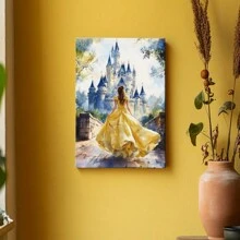 Wrapped Framed Canvas Vintage Wall Art Elegant Woman In Yellow Dress At Castle – Artful Home Decor For Living Room, Bedroom, Bathroom, Office