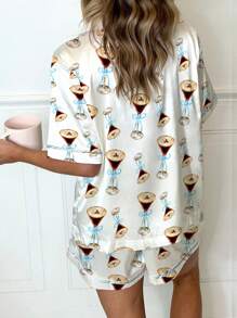 Women Cute Two Piece Pajama Set Y2K Goblet/Western Cowboy Boots/Bow Printed Short Sleeve Bow Tie Front Button Shirts Wide Leg Shorts Pjs Set Preppy Matching Lounge Sets Aesthetic Summer Casual Loungewear Martini Sleepwear Outfit - Màu xanh lam - Xem 4
