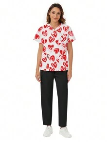 2pcs Set V-Neck Pocket Short Sleeve Top With Pants, Casual Loungewear - Multicolor - View 2