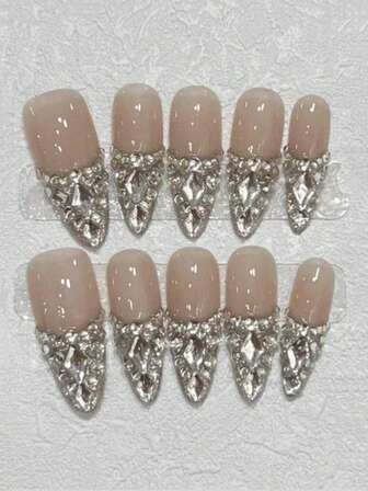 10pcs Long Almond Shaped Handmade Sophisticated Crystal Encrusted Ballet Tips, Luxury Sparkly Dazzling Nail Manicure Set For Party, Wedding, Daily Wear; Includes 1 Bottle Of Gel And 1 Buffer