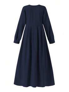 Women Plain Color Front Button Long Sleeve Pocket Minimalist Arabic Style Dress,Modest Casual Spring - Navy Blue - View 3