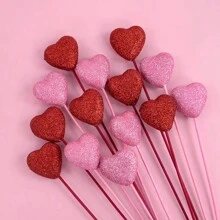 10pcs Glitter Foam Heart Sticks, Suitable For Mother's Day, Vase Decor, Birthday Party, Cake Decor, Wedding Bouquet