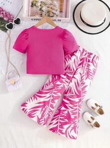 2件套女童短袖圆领交叉装饰T恤+印花裤套装，时尚百搭，适合户外夏季穿着 - 玫紅色 - 查看 2