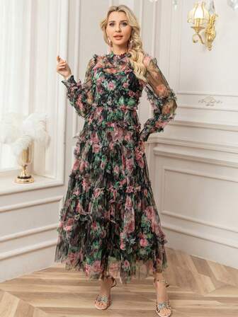 荷叶边厚重网眼透视印花收腰蓬松摆长款连衣裙设计连衣裙