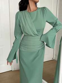 Women's Elegant Pleated Flare Sleeve Fitted Party Cocktail Dress, For Birthday, Wedding Or Gala