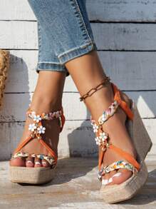 Sandalias de cuña con decoración floral, de suela tejida de cuerda y punta cuadrada, para talla grande - Modelo 2025