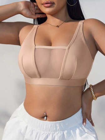 1PC Plus Size Wireless Unpaded Mesh Splice Adjustable Straps Women Basics Lingerie