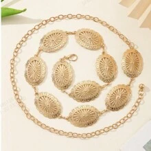 Oval Cutout Waist Chain Boho Style Silver Metal Belly Chain Vintage Decor Dress Belt Body Jewelry Alloy Waist Belt, Suitable For Spring, Summer, Autumn And Winter Summer, School Fall, Autumn, Halloween
