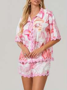 Women 2 Piece Shorts Sets Graphic Short Sleeve Button Shirt Wide Leg Lounge Shorts Outfit