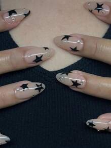 24pcs Instantly Upgrade Your Look With 3D Rhinestone Bling French Pink Border Medium Almond Fake Nails,Black Five-Pointed Star Full Coverage Fake Nail Set 1pc Nail File & 1Nail Glue Sticker Kit Nails For Girl Mother Women Gift And Nails Supplies &Wholesale &Christmas &All Saints' Day &Thanksgiving Day &Mother's Day &Valentine's Day Gift Press On Nails