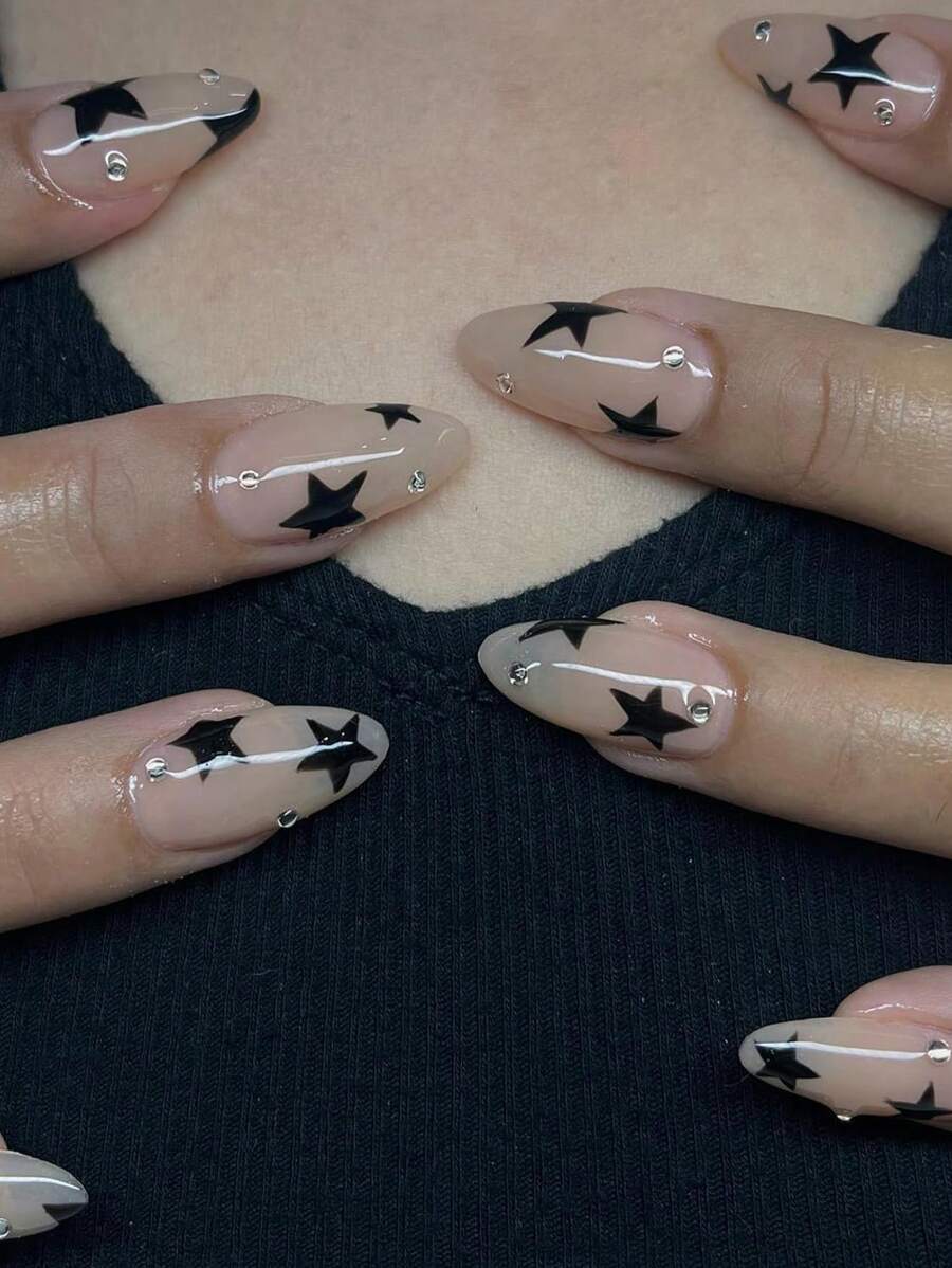 24pcs Instantly Upgrade Your Look With 3D Rhinestone Bling French Pink Border Medium Almond Fake Nails,Black Five-Pointed Star Full Coverage Fake Nail Set 1pc Nail File & 1Nail Glue Sticker Kit Nails For Girl Mother Women Gift And Nails Supplies &Wholesale &Christmas &All Saints' Day &Thanksgiving Day &Mother's Day &Valentine's Day Gift Press On Nails