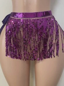Faldón de danza del vientre para mujer con pañuelo de cadera, falda envolvente con cadena de cintura y lentejuelas, faldas con flecos brillantes para danza del vientre, disfraz de vaquera espacial para Mardi Gras