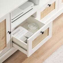 Rattan TV Stand For 65+ Inch TV Modern Entertainment Center Media Console Table Rattan TV Console With 2 Cabinets Boho Wood TV Cabinet Furniture With Storage And Doors For Living Room