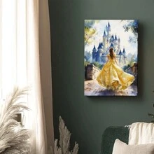 Wrapped Framed Canvas Vintage Wall Art Elegant Woman In Yellow Dress At Castle – Artful Home Decor For Living Room, Bedroom, Bathroom, Office