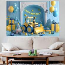 1PC Blue And Yellow Excavator Toy Balloon Gift Box Room Decoration Background Birthday Cake Table Supplies Decoration Back Cloth Banner Perfectly Decorated Birthday Party Room Wall Back Cloth Studio Props Unwashed 82.7*59.1/59.1*39.4/39.4*29.5 Inches
