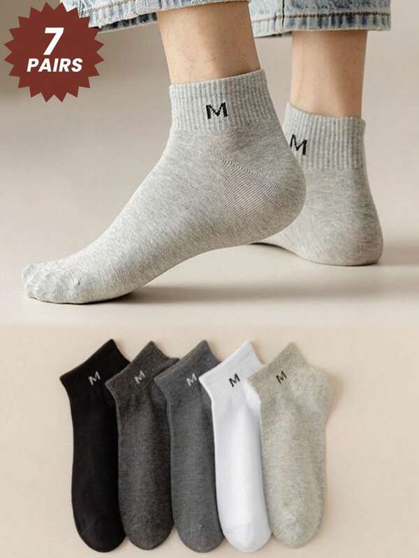 7 pares de calcetines cortos para hombre de colores aleatorios, para primavera/verano, con estampado de letra M, de unicolor para deportes atléticos/baloncesto, transpirables, de moda, calcetines de tobillo