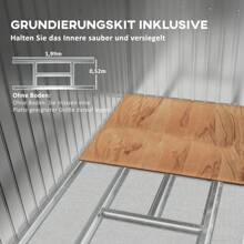 Outsunny Outsunny Gerätehaus 2,42 m², Gartenhaus mit Lüftungsfenster, Schiebetür, Fundament, 213 x 130 x 159/172 cm, Geräteschuppen aus Verzinkter Stahl, wetterfest, für Garten, Grün