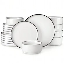 MALACASA 18 Piece, Complete Dinner Service, Semi-Standing High Legged Rim With Black Metal Rim - 6 People - 黑色 - 查看 1