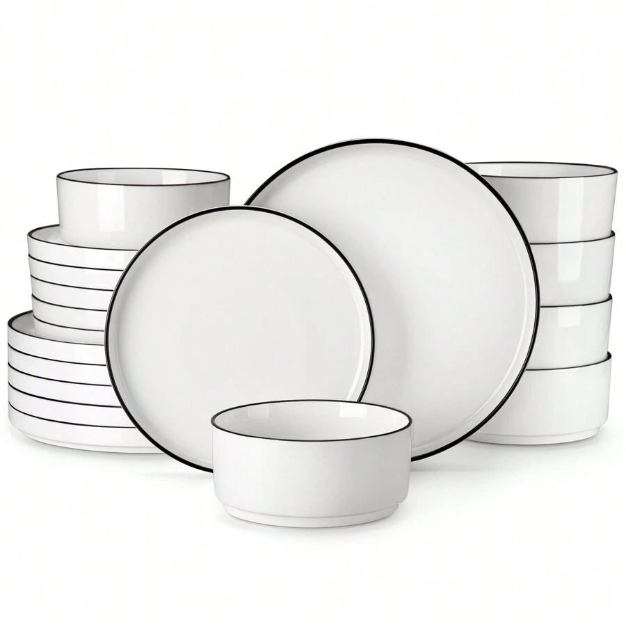MALACASA 18 Piece, Complete Dinner Service, Semi-Standing High Legged Rim With Black Metal Rim - 6 People - 黑色 - 查看 1