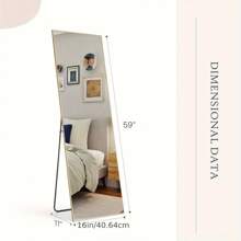 59"X16" Full Length Golden Mirror With Stand, Floor Mirror With Aluminum Alloy Frame For Bedroom, Standing Full Body Mirror With Shatter-Proof Glass For Wall, Living Room - Golden Color - View 11
