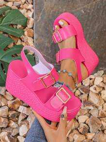 Sandal Platform Berujung Terbuka Warna Fuchsia Modis Serbaguna Hak Tinggi Wanita Anti Selip Ujung Terbuka Musim Panas Sol Tebal, Sepatu Pantai - Hot Pink - View 2
