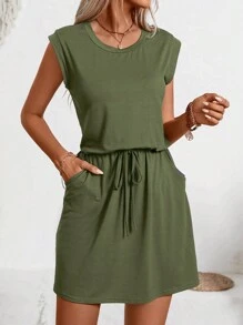 Women Solid Color Dress Short Sleeved Waist Cinched Slimming - Olive Green - View 3
