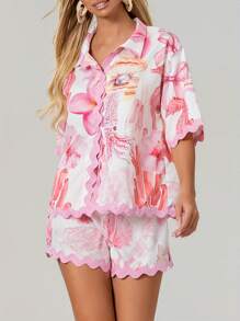 Women 2 Piece Shorts Sets Graphic Short Sleeve Button Shirt Wide Leg Lounge Shorts Outfit