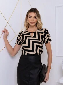 Women's Blouse Short Sleeve Puffed Elegant Zig-Zag Print - Kem sọc đen - Xem 3