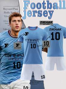 Conjunto personalizable de camiseta y pantalones cortos de fútbol para hombres inspirado en el Manchester City 2022-2023, con diseño de estilo local. Logotipo, número y contenido de texto personalizables