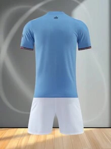 Conjunto personalizable de camiseta y pantalones cortos de fútbol para hombres inspirado en el Manchester City 2022-2023, con diseño de estilo local. Logotipo, número y contenido de texto personalizables