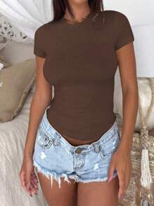 Vaiaye Women's Casual Solid Color Short Sleeve Christmas T-Shirt - Brown - View 9