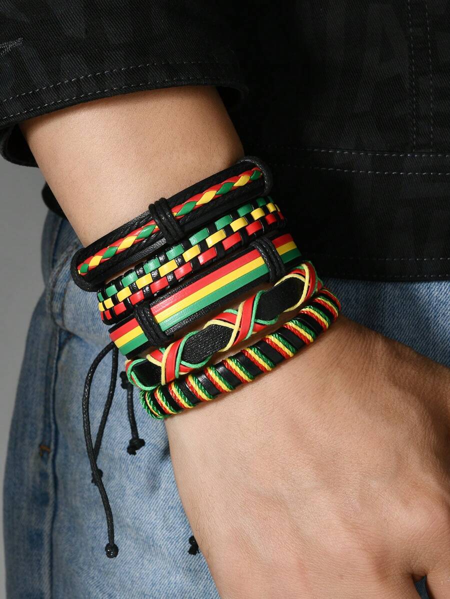10pcs Handmade Jamaican Flag Colors Bracelets Boho Style Rope Bracelet For Men Women - Multicolor - View 1