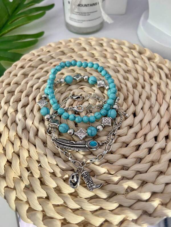 4pcs/Set Vintage Style Western Country Electroplated Silver Tone Bracelet Set