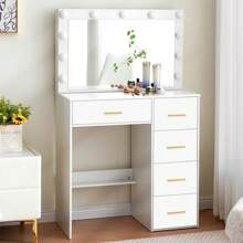 White Dressing Table +Charging Station Vanity Desk Set W/ 11 LED Bulbs Mirror UK - White - View 9