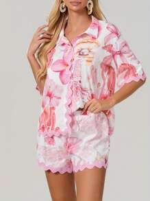 Women 2 Piece Shorts Sets Graphic Short Sleeve Button Shirt Wide Leg Lounge Shorts Outfit