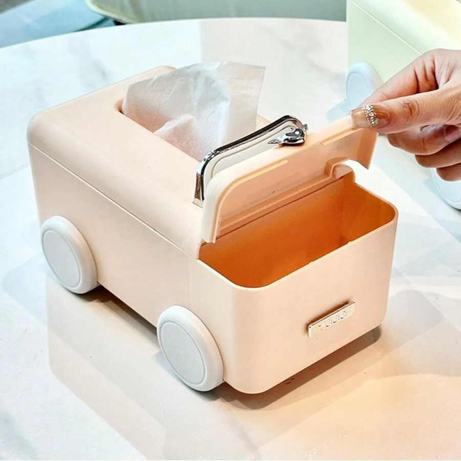 Creative Tissue Box Cover, Car Shaped Tissue Box, Double Compartment Tissue Box, Multi-Function Desktop Organizer For Remotes, Phones, Tissue Box Holder With Storage Drawer For Vanity, Coffee Table, Office, Car
