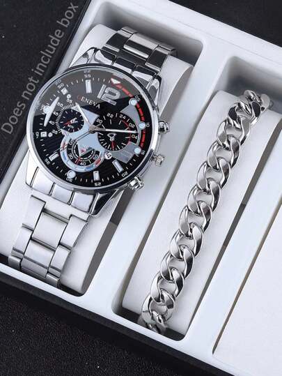 2pcs/Set Fashion Silver-Tone Quartz Watch With Calendar & Silver Cuban Chain Bracelet, Ideal Daily Wear Watch, Great Birthday Gift For Teens