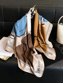 1 Pc Simple Color Block Printed Silk Scarf Twill Scarf Versatile Large Square Scarf Sunshade Shawl Headscarf Women Hijab Lightweight Shawls Gift - Multicolor - View 9