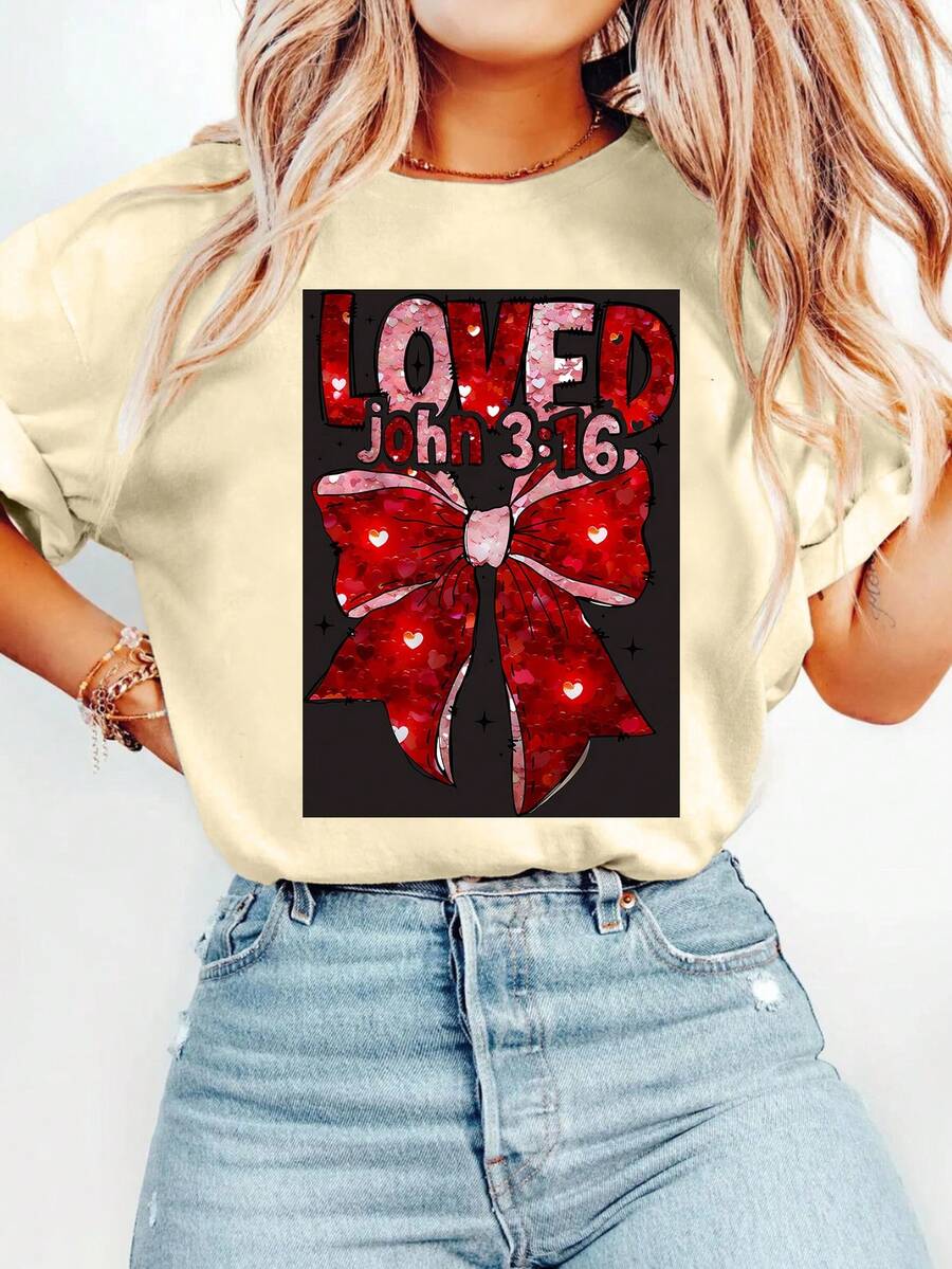 Valentine's Day Cartoon Letter Graphic Print T Shirt, Short Sleeve Crew Neck Casual Top For Summer & Spring, Women's T-Shirt - 杏色 - 查看 1